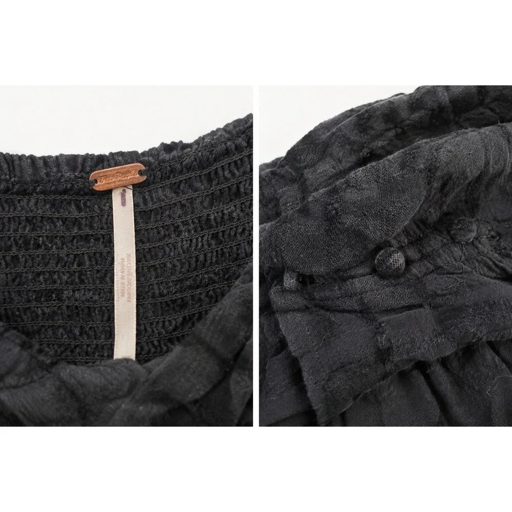 Free People Black Textured Smocked Peasant Top XS Long Sleeve Babydoll Blouse